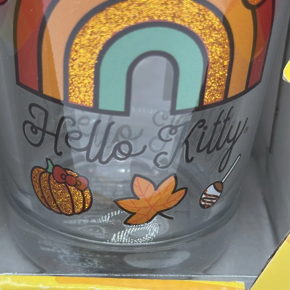 Hello Kitty Fall Autumn Rainbow Glitter‎ 16oz Glass Cup Tumbler